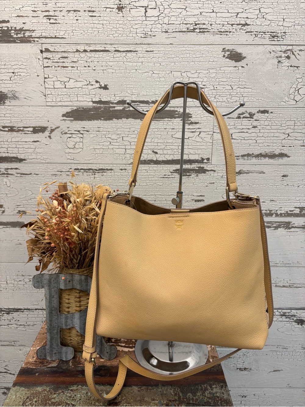 MCM Beige Leather Shoulder Bag with Detachable Strap